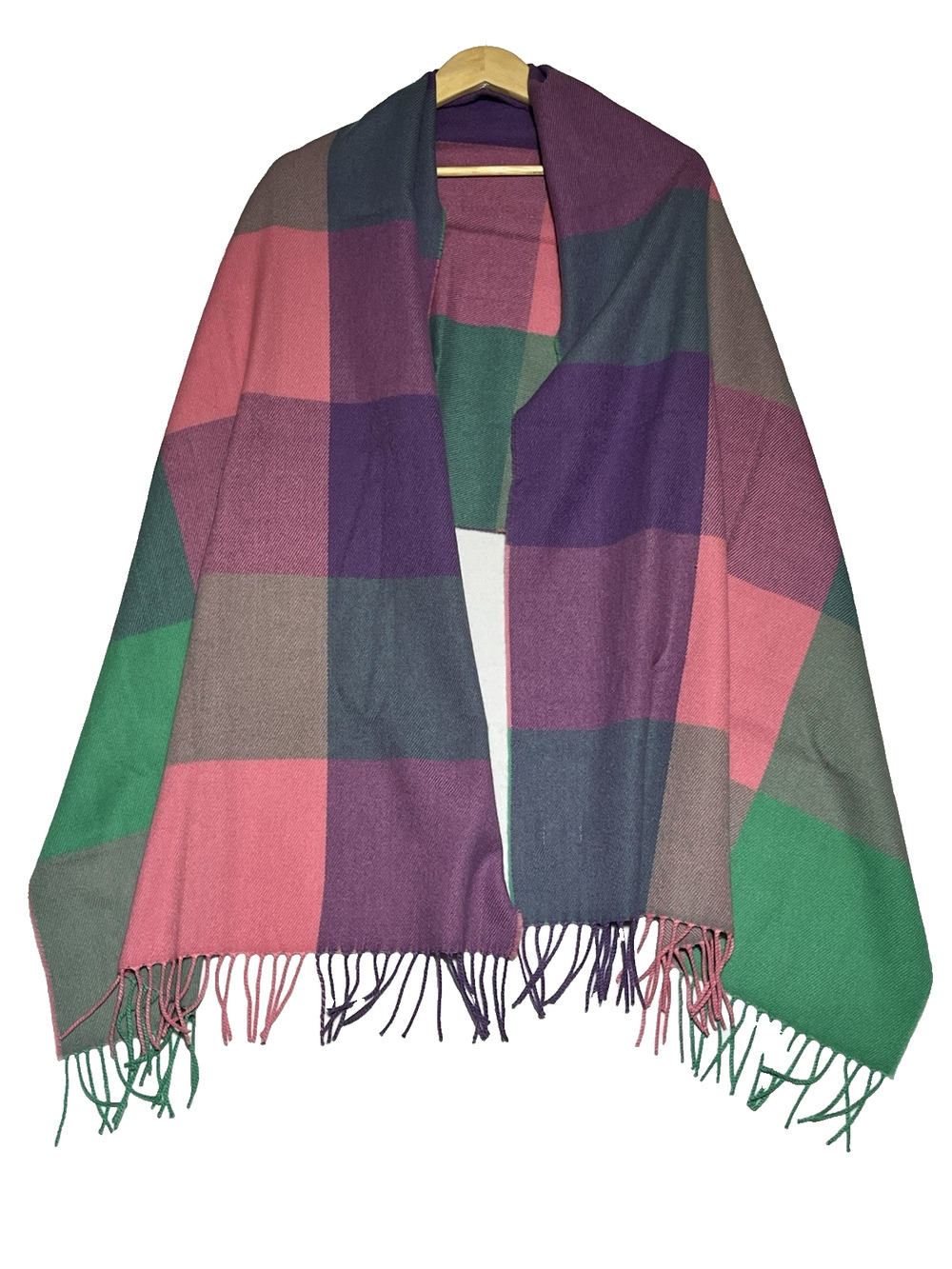 J Crew Women's Classic Scarf Pink Purple Green Plaid Fringe Large 24"X77"